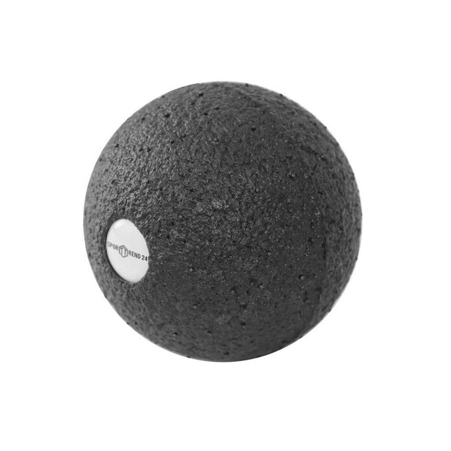 Schwarzer Faszienball mit dem Logo Sporttrend24. Der Ball hat eine raue Oberfläche und ist rund.