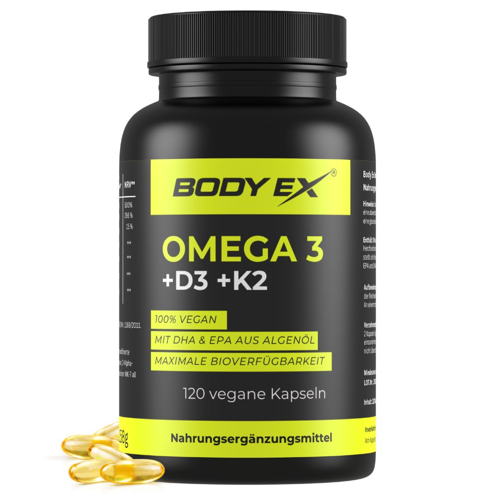 Body Ex® Omega 3 + D3 & K2 Kapseln, Omega aus Algenöl, 100% vegan