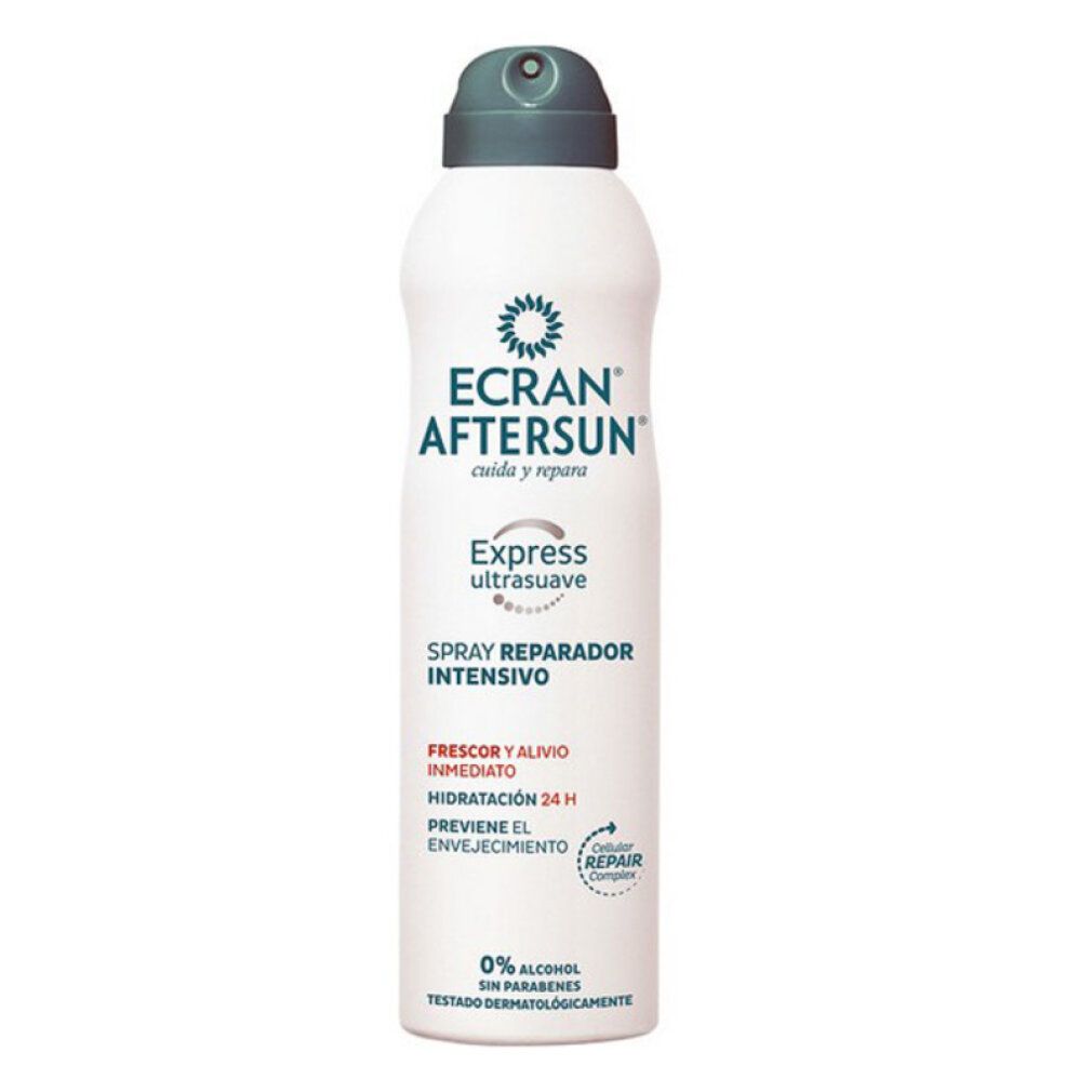 Weißes Spray mit grauem Sprühkopf. Aufschrift: ECRAN AFTERSUN, Express ultrasuave, Spray Reparador Intensivo. 0% Alkohol, ohne Parabene.