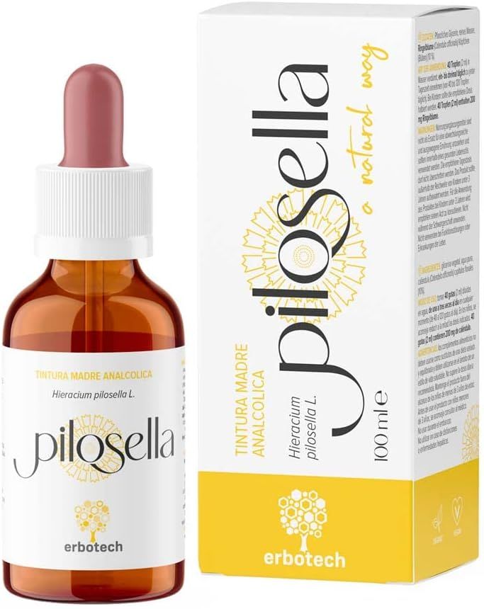 Eine Flasche und eine Schachtel von ERBOTECH Pilosella Tinktur. Die braune Glasflasche enthält eine Flüssigkeit und hat einen weißen Verschluss mit einer rosa Pipette. Die Schachtel zeigt den Produktnamen, die Inhaltsstoffe und die Marke.