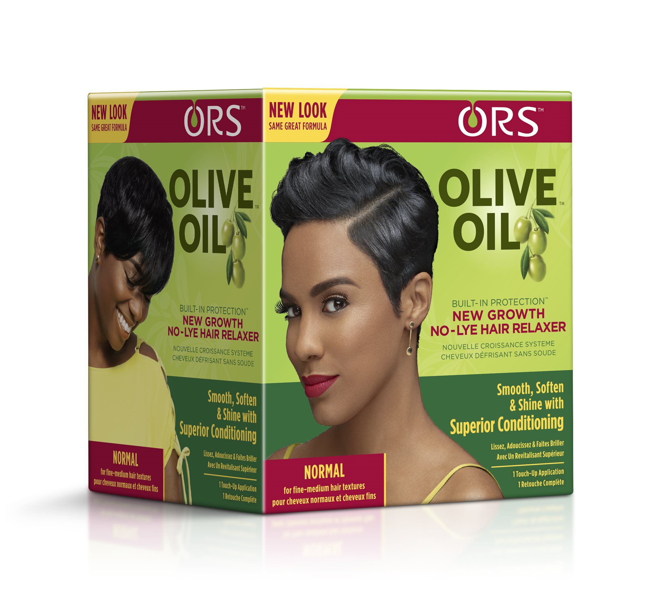 ORS Olive Oil Haarglättungsmittel. Karton mit Produktabbildung und Schriftzug. Enthält Produktinformationen und Abbildungen.
