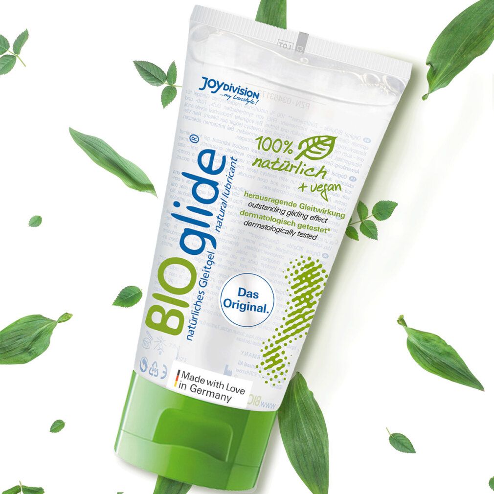 BIOglide Gel-Tube. Aufschrift: 100% natürlich + vegan, dermatologisch getestet.