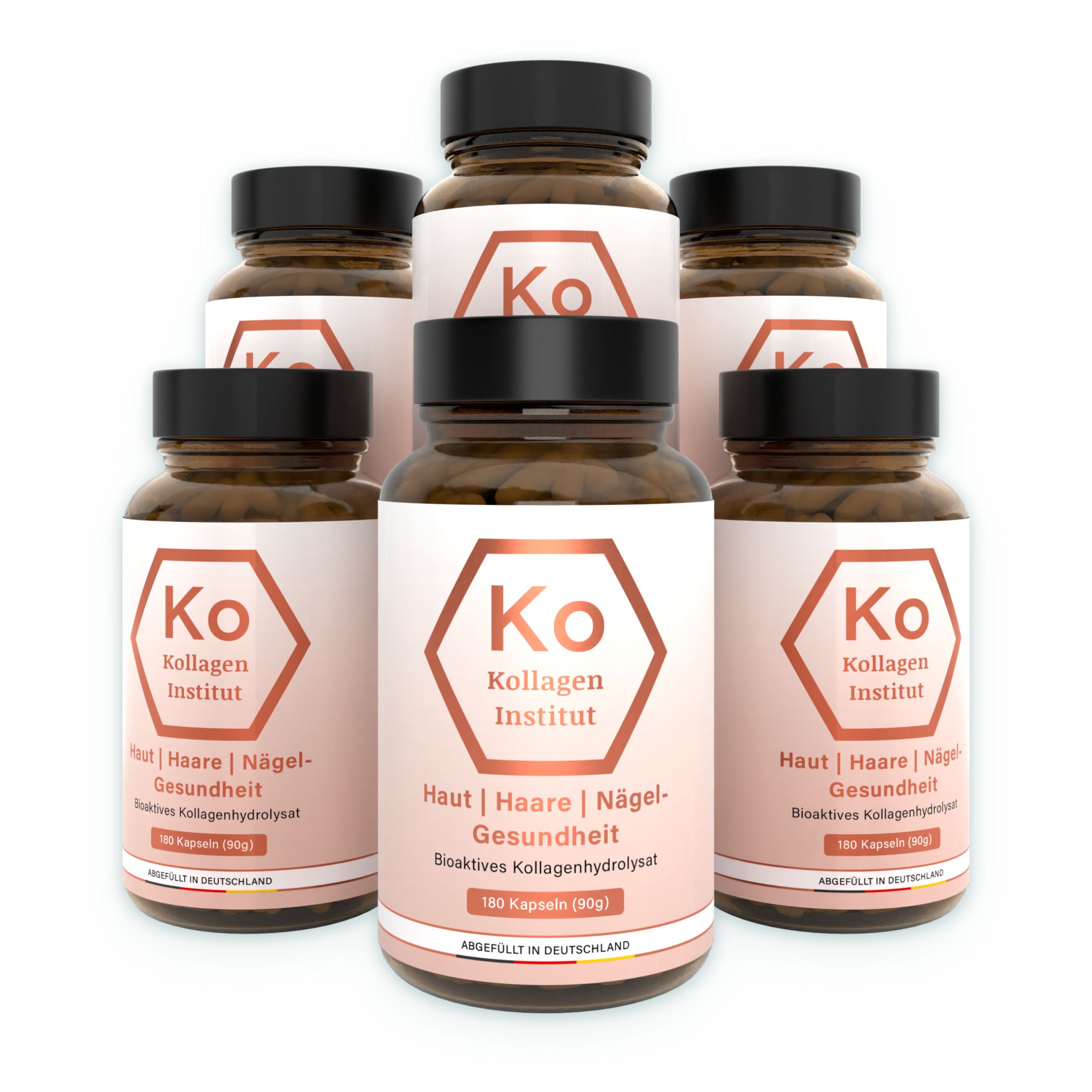 Sechs Flaschen Kollagen Kapseln, Haut, Haare, Nägel. 180 Kapseln (90g) pro Flasche.