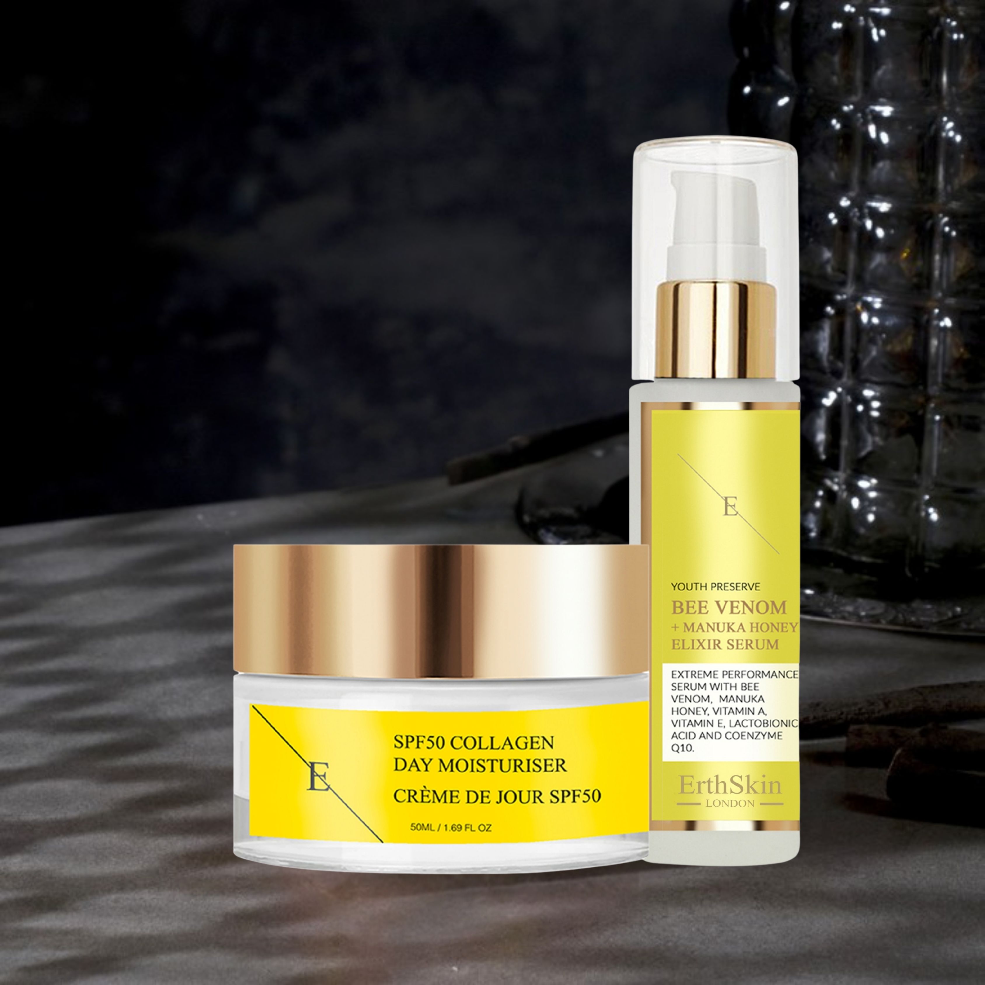 ErthSkin London Bienengift + Manuka Honig Elixier Serum + SPF KOLLAGEN TAGESCREME set