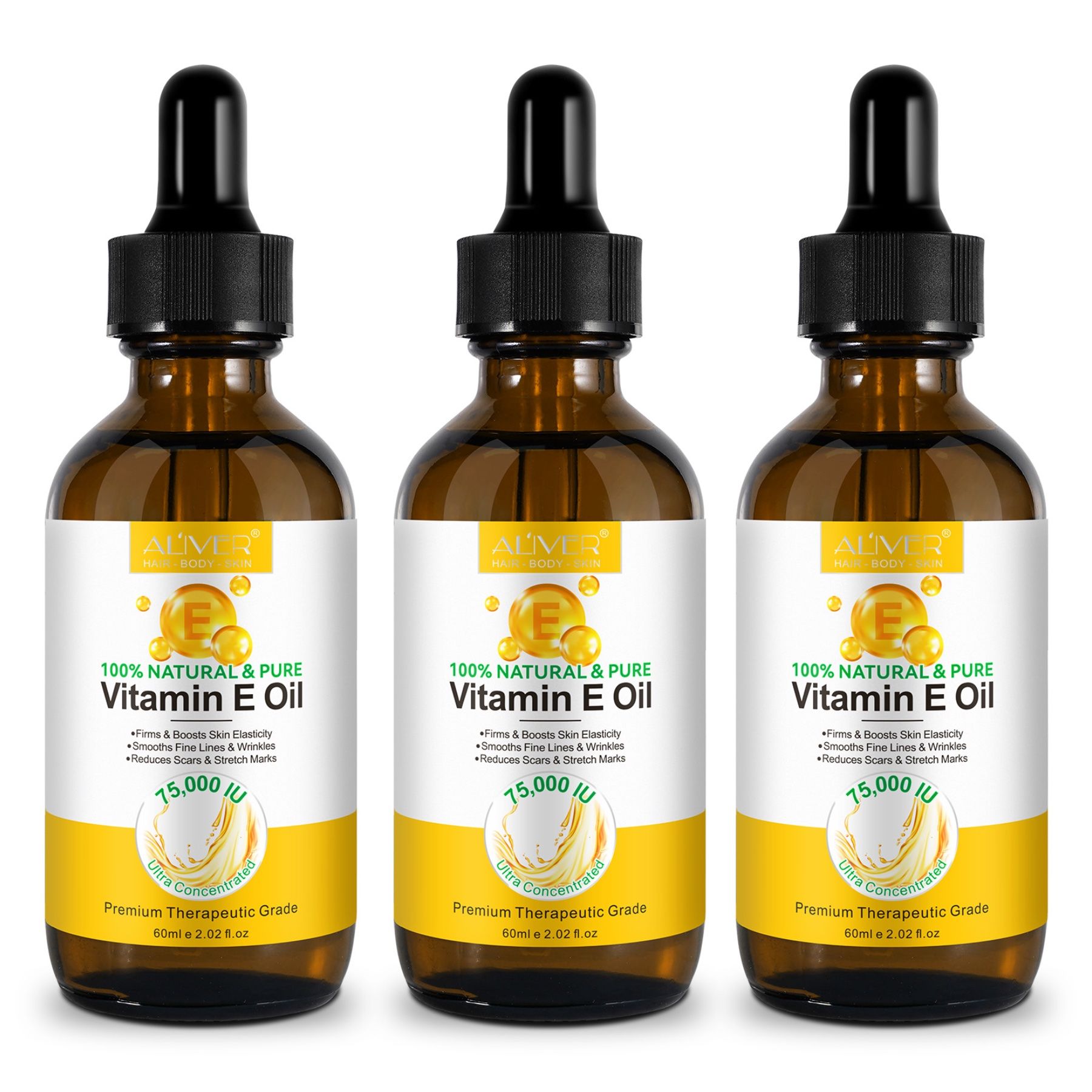 Drei Flaschen Vitamin E Öl mit Tropfer. Gelbe Etiketten mit Text und Logo.