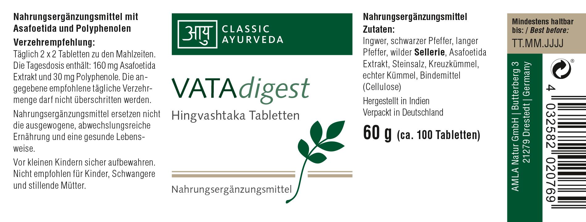 Etikett mit "VATAdigest" und "Classic Ayurveda". Enthält Informationen zu Inhaltsstoffen und Dosierung.