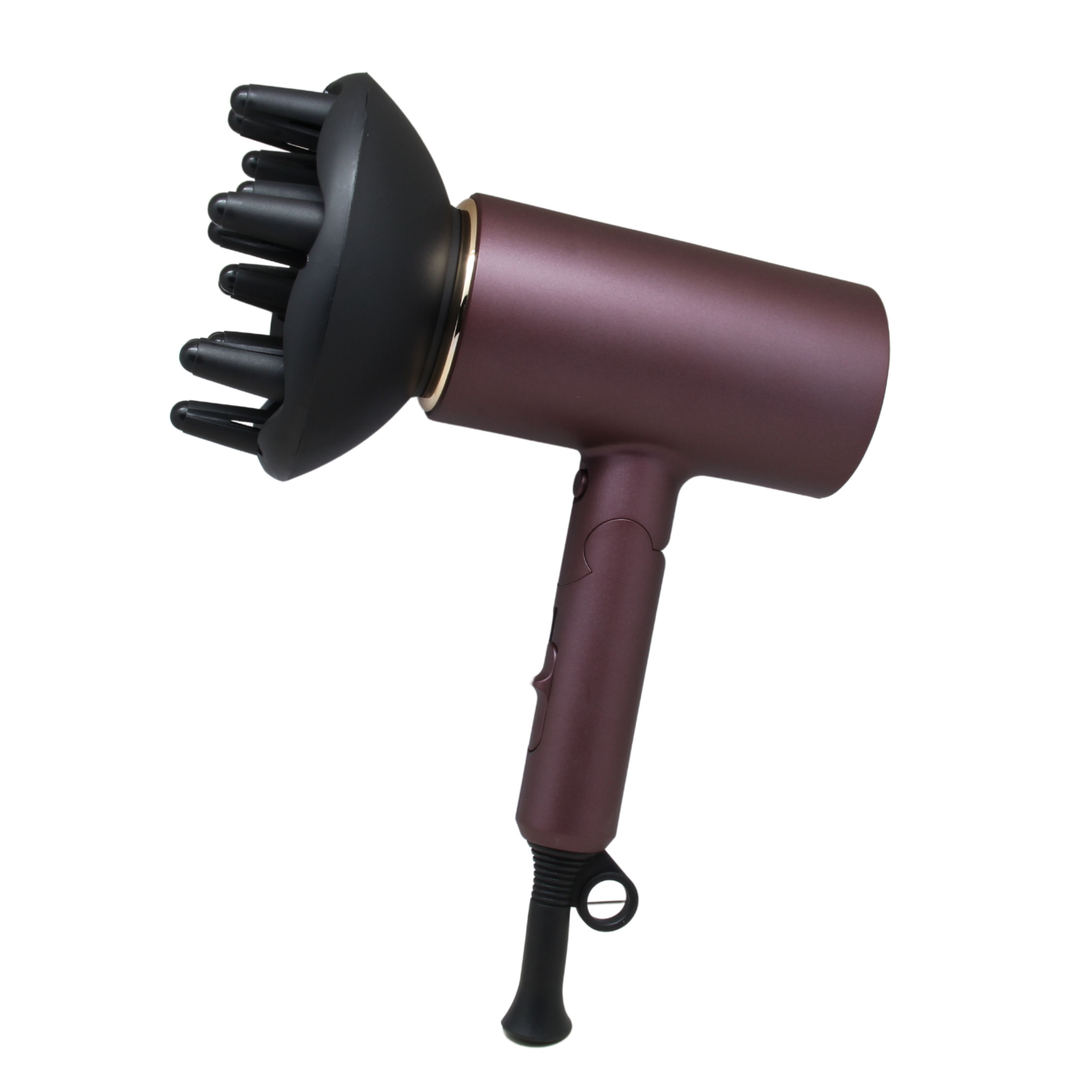 Haartrockner mit Diffusor-Aufsatz. Farbe: Pflaume. Schwarzer Diffusor. Aufhängeöse am Griff.