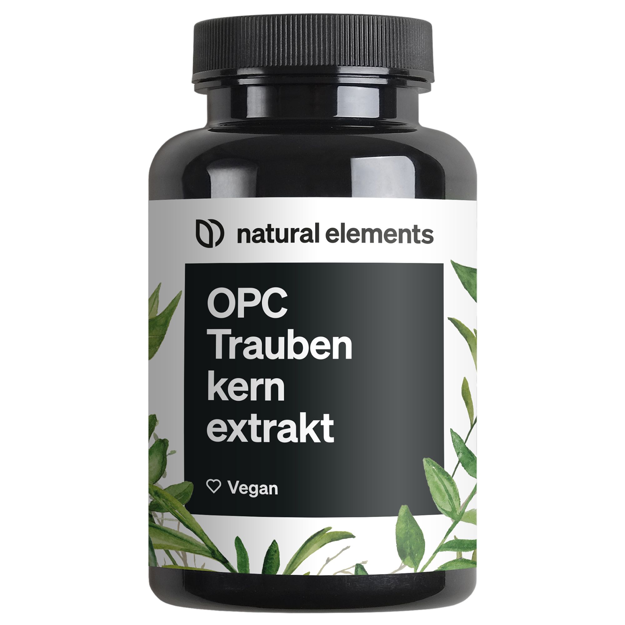 Schwarze Flasche mit Kapseln. Aufschrift: OPC Traubenkernextrakt. Vegan-Logo. Grüne Blätter als Designelement.