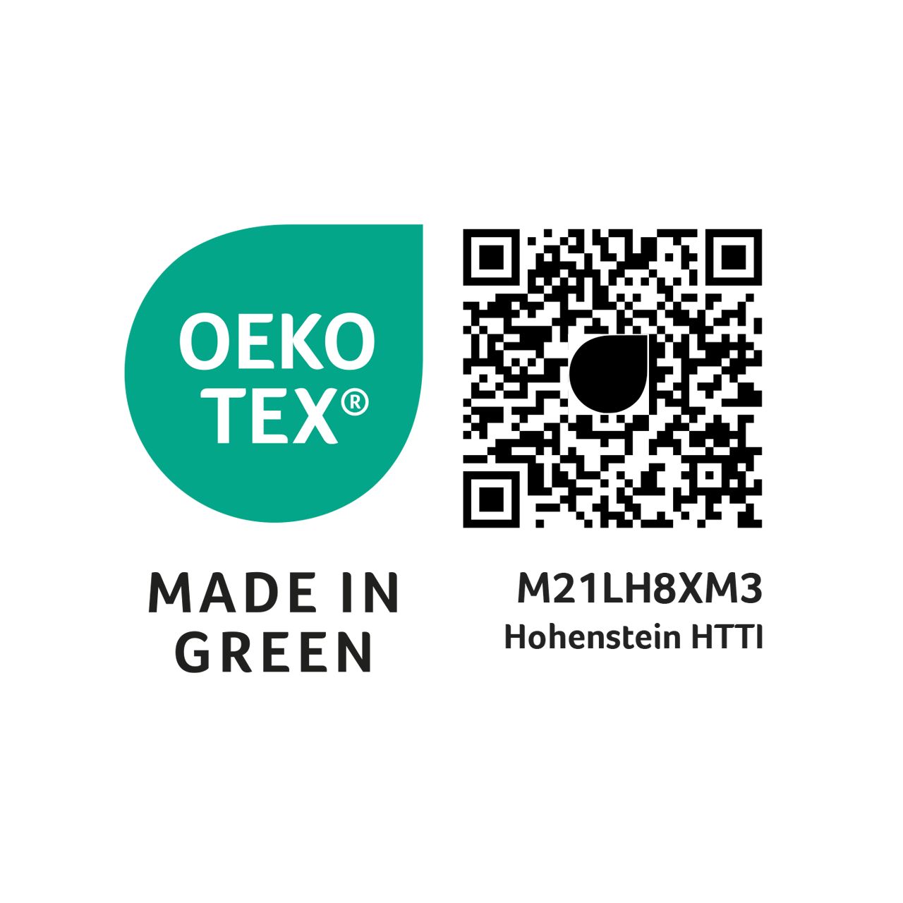 Logo von OEKO-TEX MADE IN GREEN. Grüner Hintergrund mit weißem Text und QR-Code. Zertifizierung für Nachhaltigkeit.