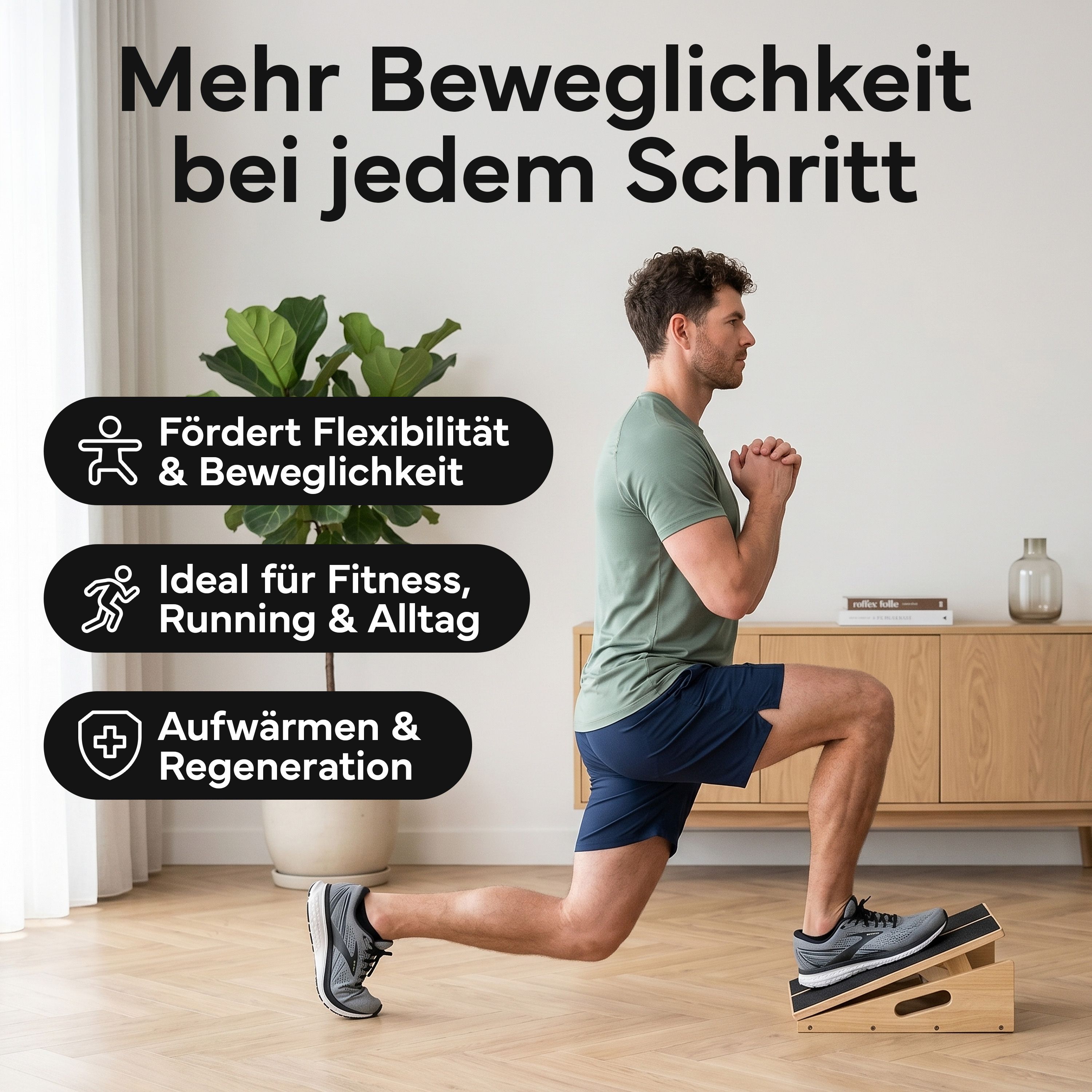 Mann nutzt Wadendehner Brett für Fitness, Laufen und Regeneration. Fördert Flexibilität.