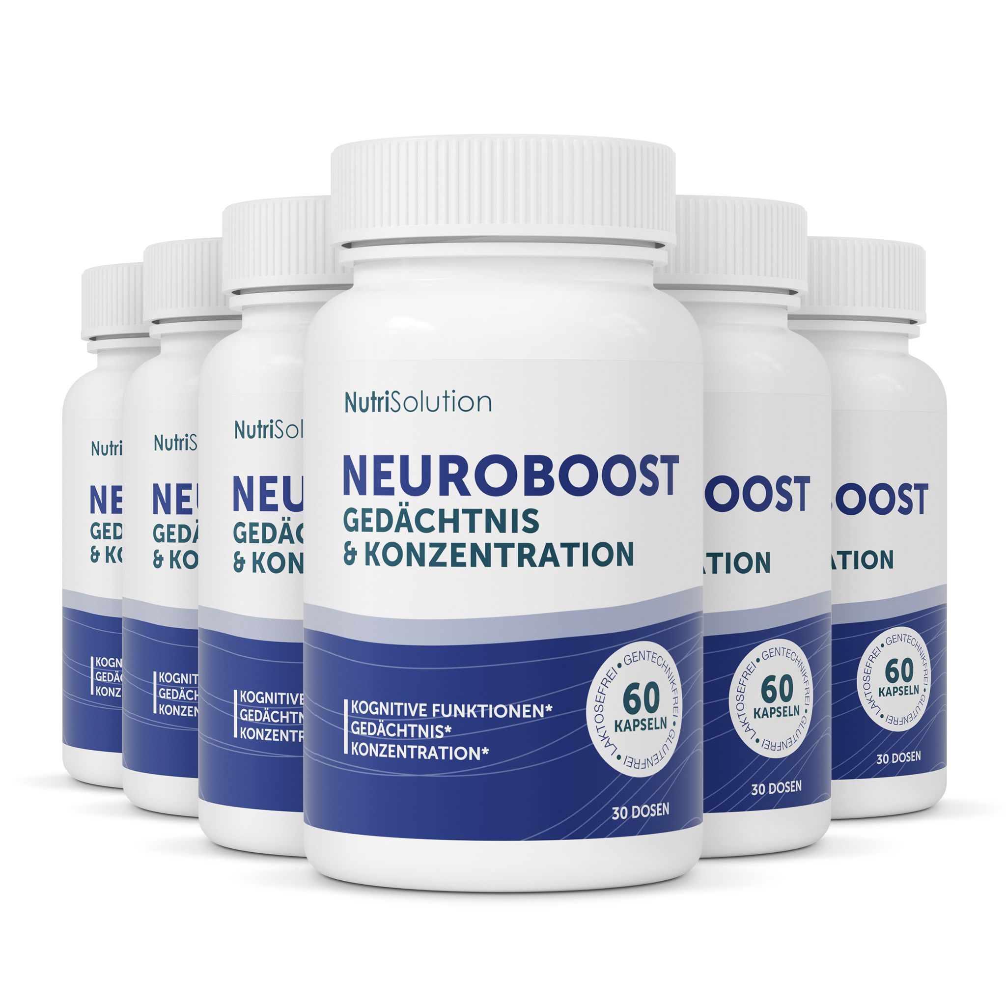Sechs Flaschen NutriSolution Neuro Boost für Gedächtnis und Konzentration.