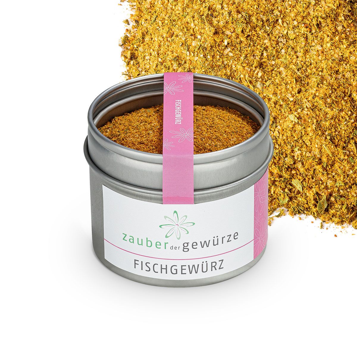 Geöffnete Dose Fischgewürz, daneben Gewürzstreuung. Rosa Etikett mit Schriftzug.