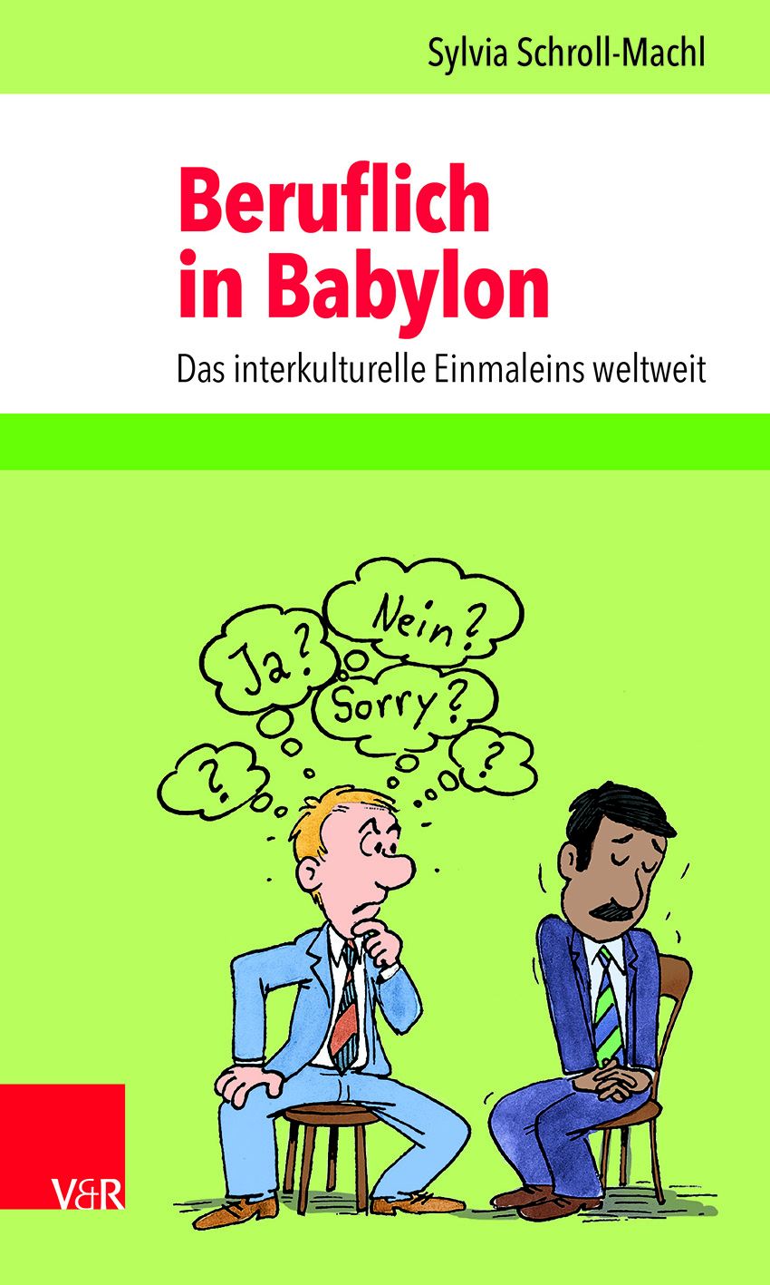 Buchcover: Titel "Beruflich in Babylon". Zwei Männer sitzen auf Stühlen, Denkblasen mit Fragen. V&R-Logo.