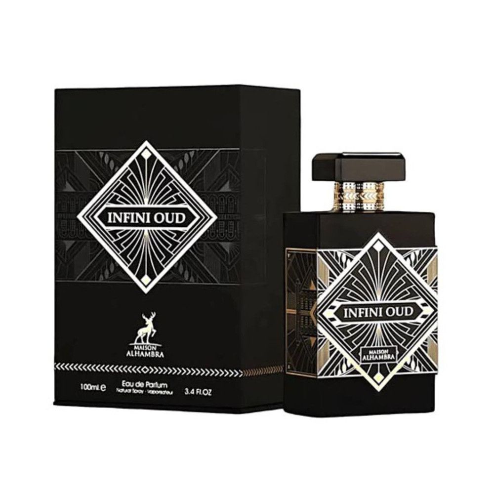 Schwarze Parfumflasche und -verpackung. Aufschrift "INFINI OUD" und "MAISON ALHAMBRA". Goldene Akzente.