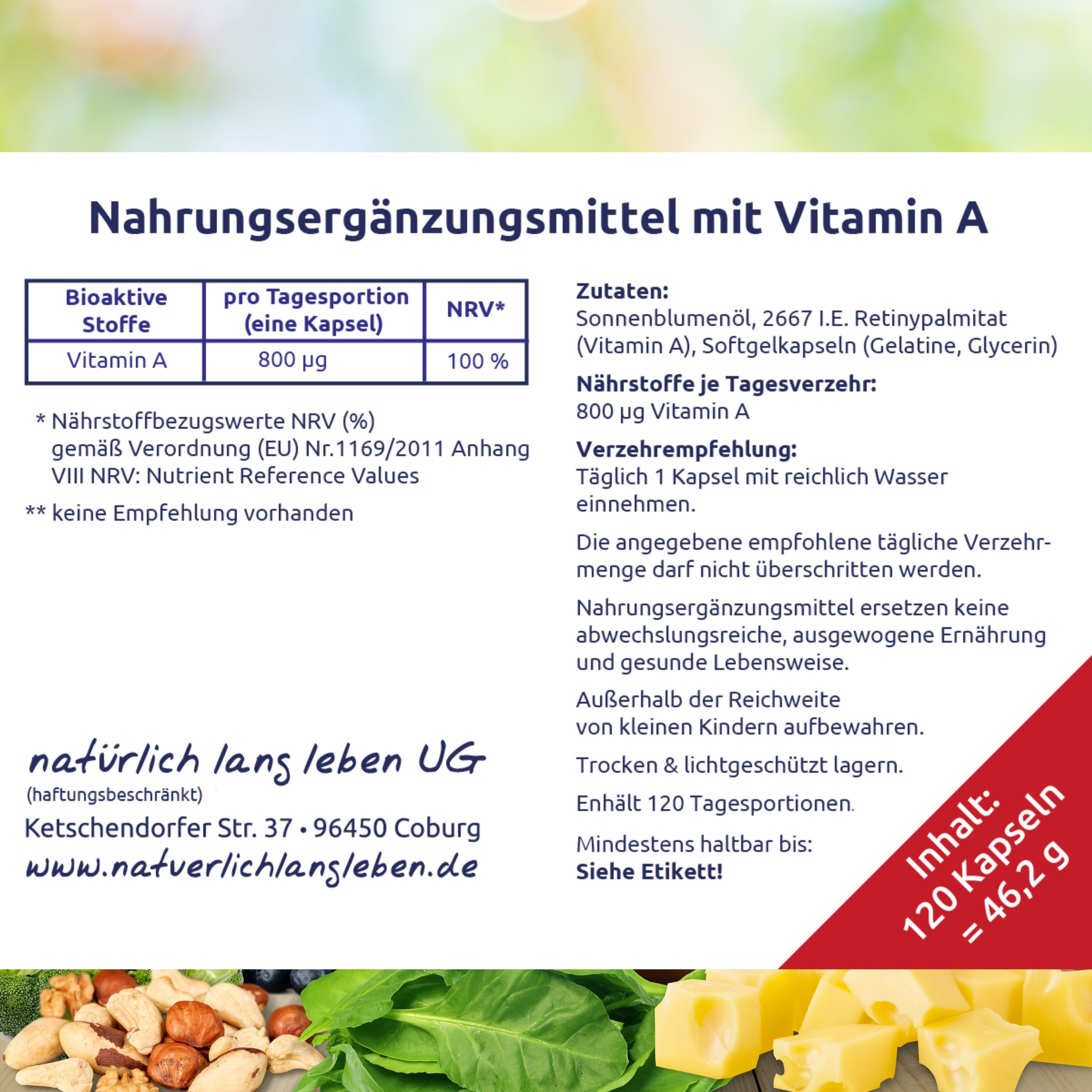 Text auf weißem Hintergrund. Informationen zu Vitamin A, Inhaltsstoffen, Verzehrempfehlung und Nährstoffbezugswerten.