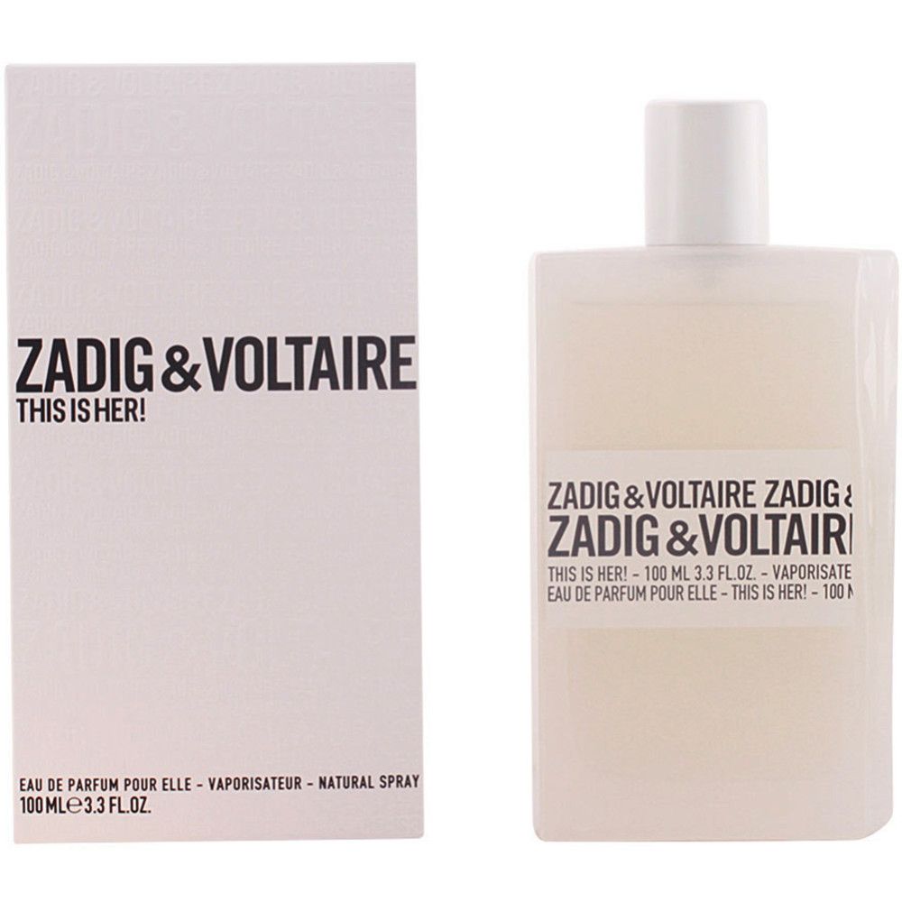 Weißer Flakon und Verpackung. Aufschrift: ZADIG & VOLTAIRE THIS IS HER! Eau de Parfum.