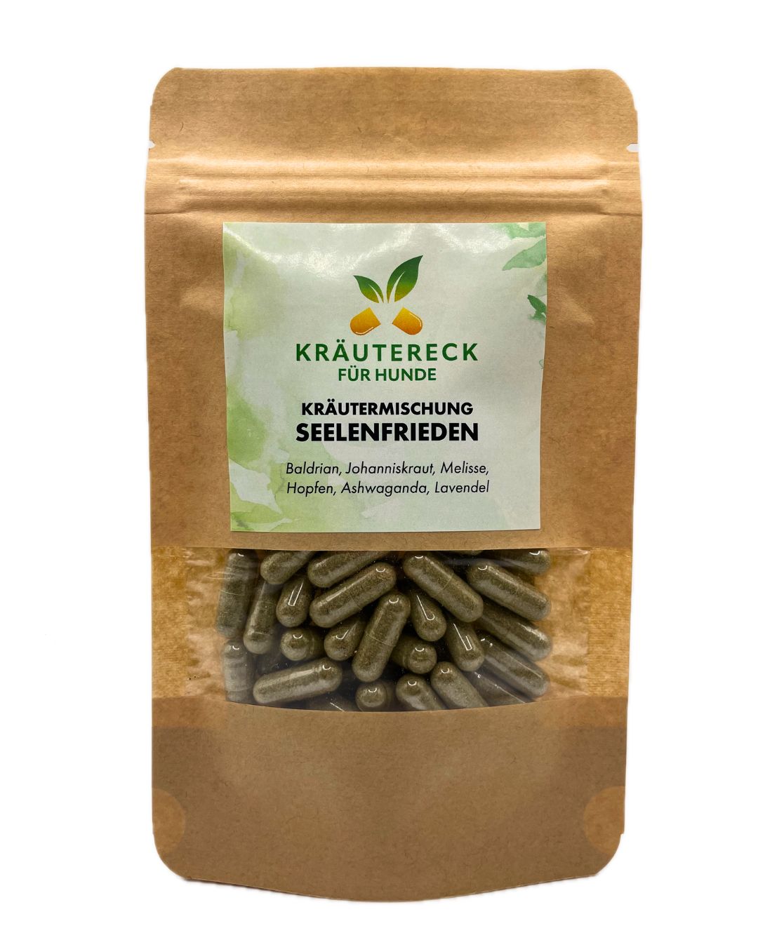 Braune Tüte mit Sichtfenster, gefüllt mit Kapseln. Aufkleber mit Produktnamen und Logo.
