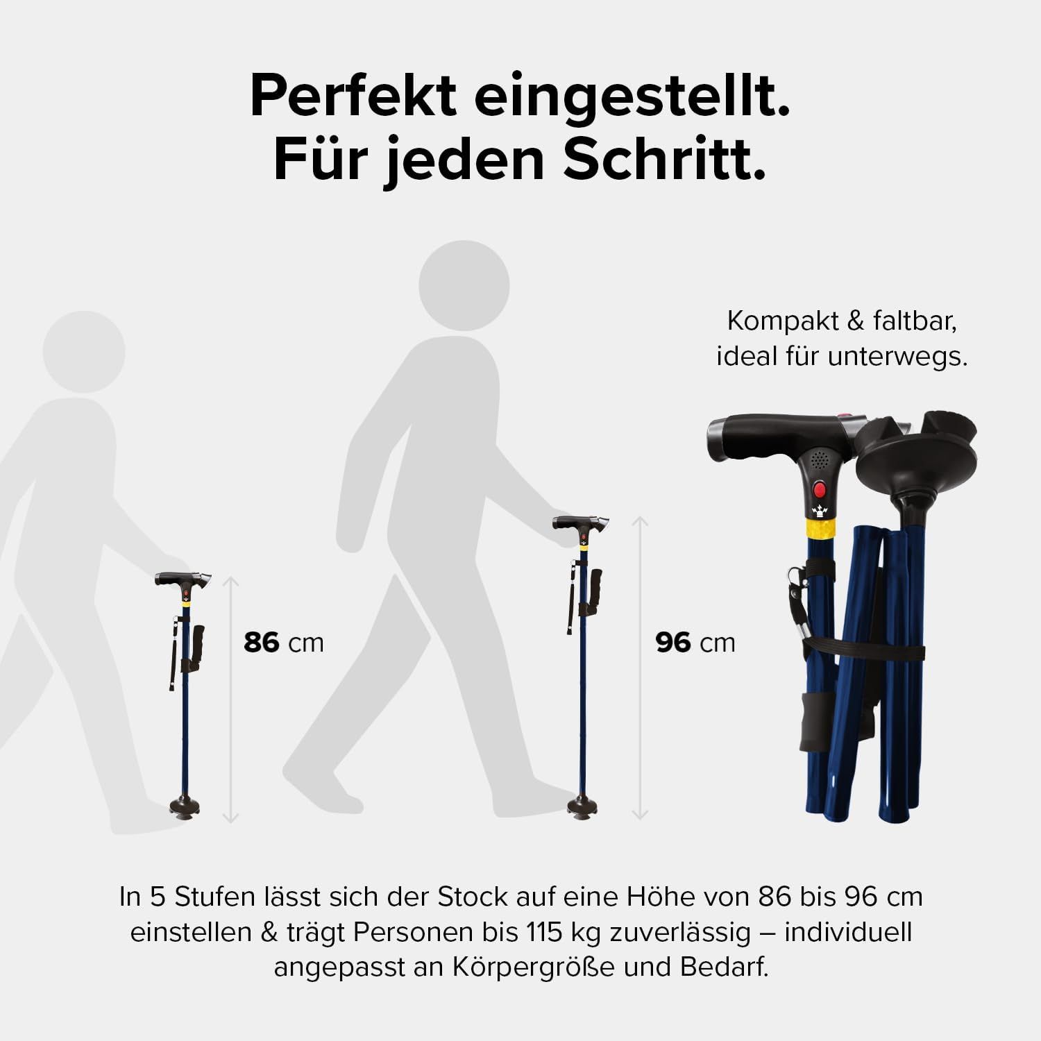 DR-HO'S Get Up & Go Gehstock mit LED-Licht, Alarmknopf & 4-Punkt-Standfuß