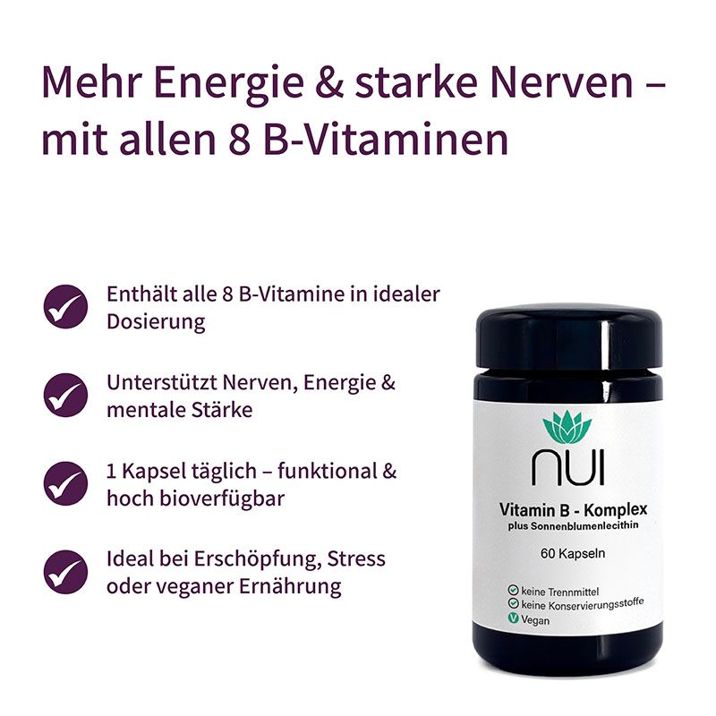 NUI Vitamin B-Komplex Flasche. Schwarzer Deckel, weißes Etikett. Enthält alle 8 B-Vitamine in idealer Dosierung. Unterstützt Nerven.