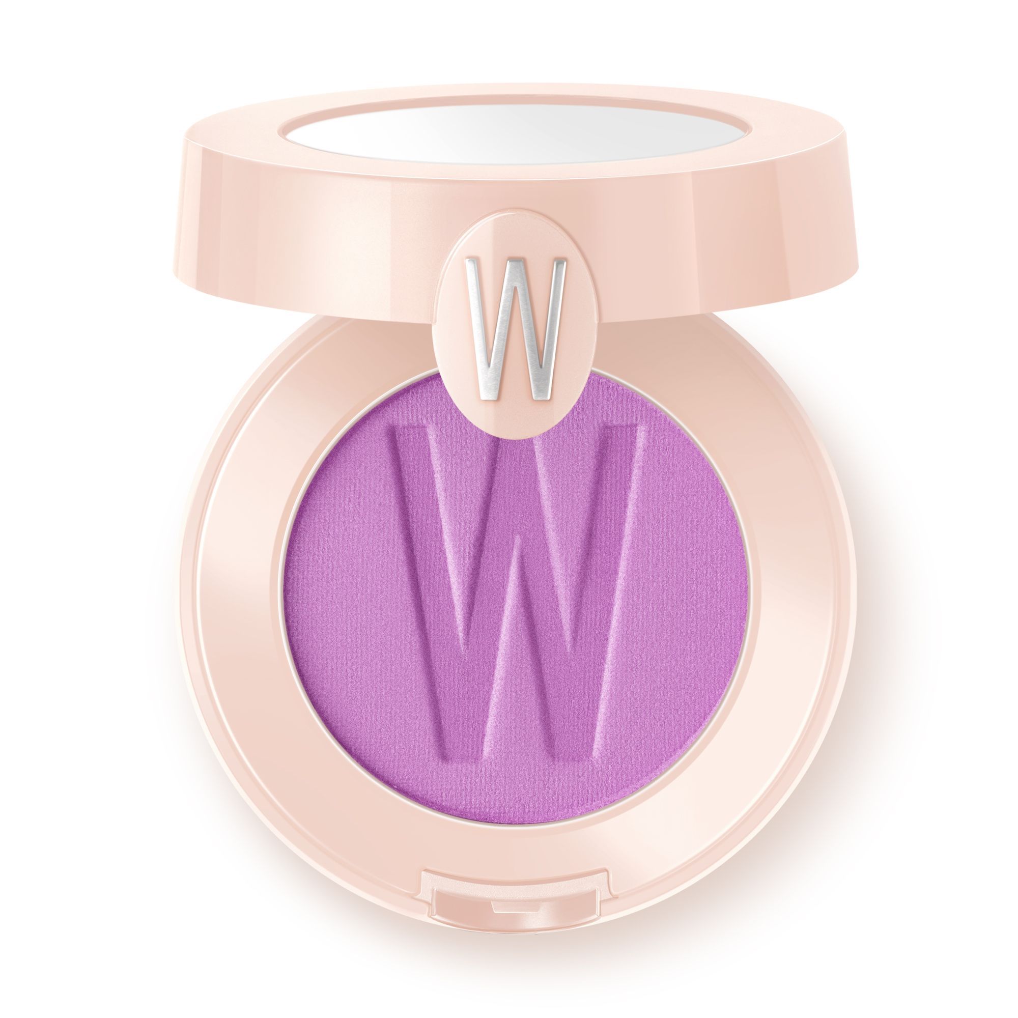 Contenitore rotondo di ombretto, aperto. Colore viola con 'W' in rilievo. Astuccio rosa con specchio.
