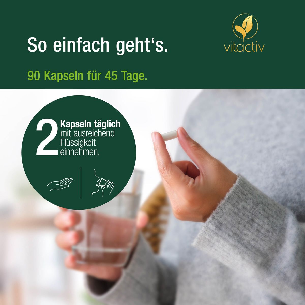 Hand hält Kapsel über Glas Wasser. Text: 2 Kapseln täglich mit ausreichend Flüssigkeit einnehmen. Logo Vitactiv.