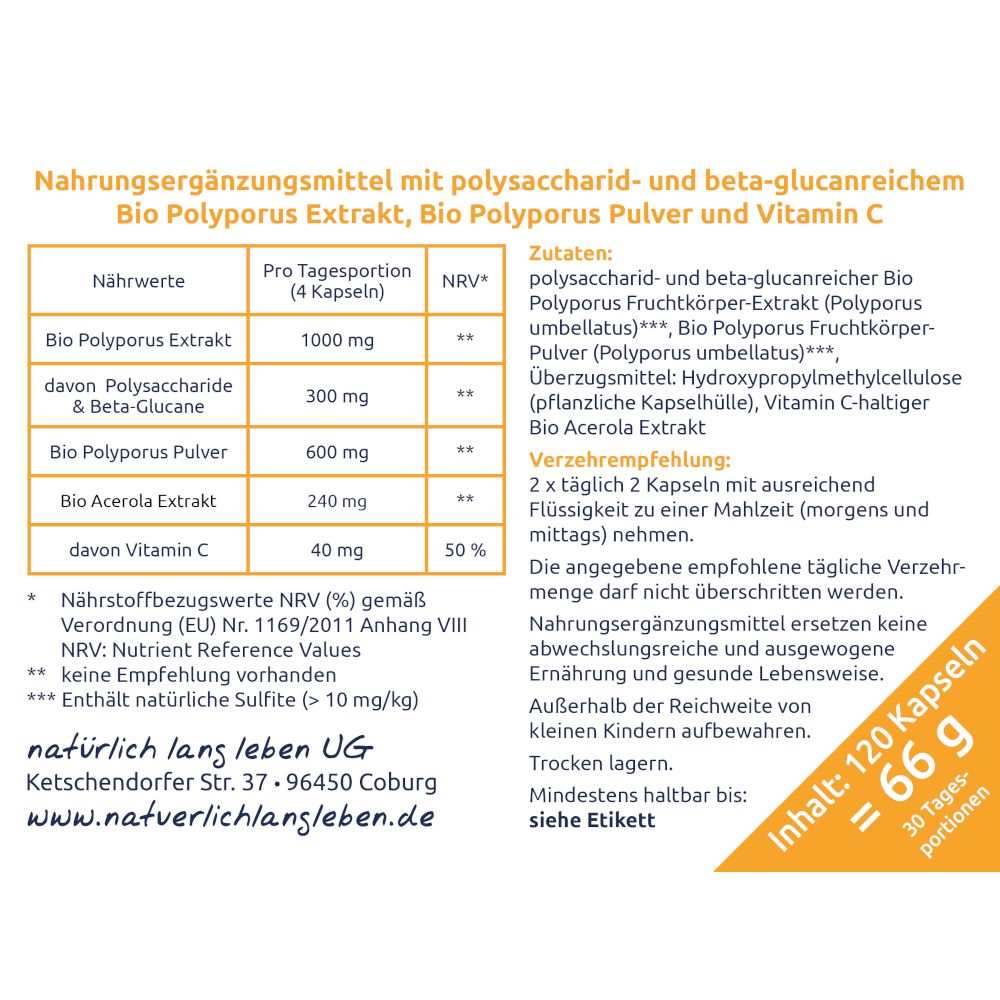 Etikett mit Nährwertangaben und Inhaltsstoffen. Text: "Bio Polyporus Extrakt, Bio Polyporus Pulver". Inhalt: 120 Kapseln, 66 g.