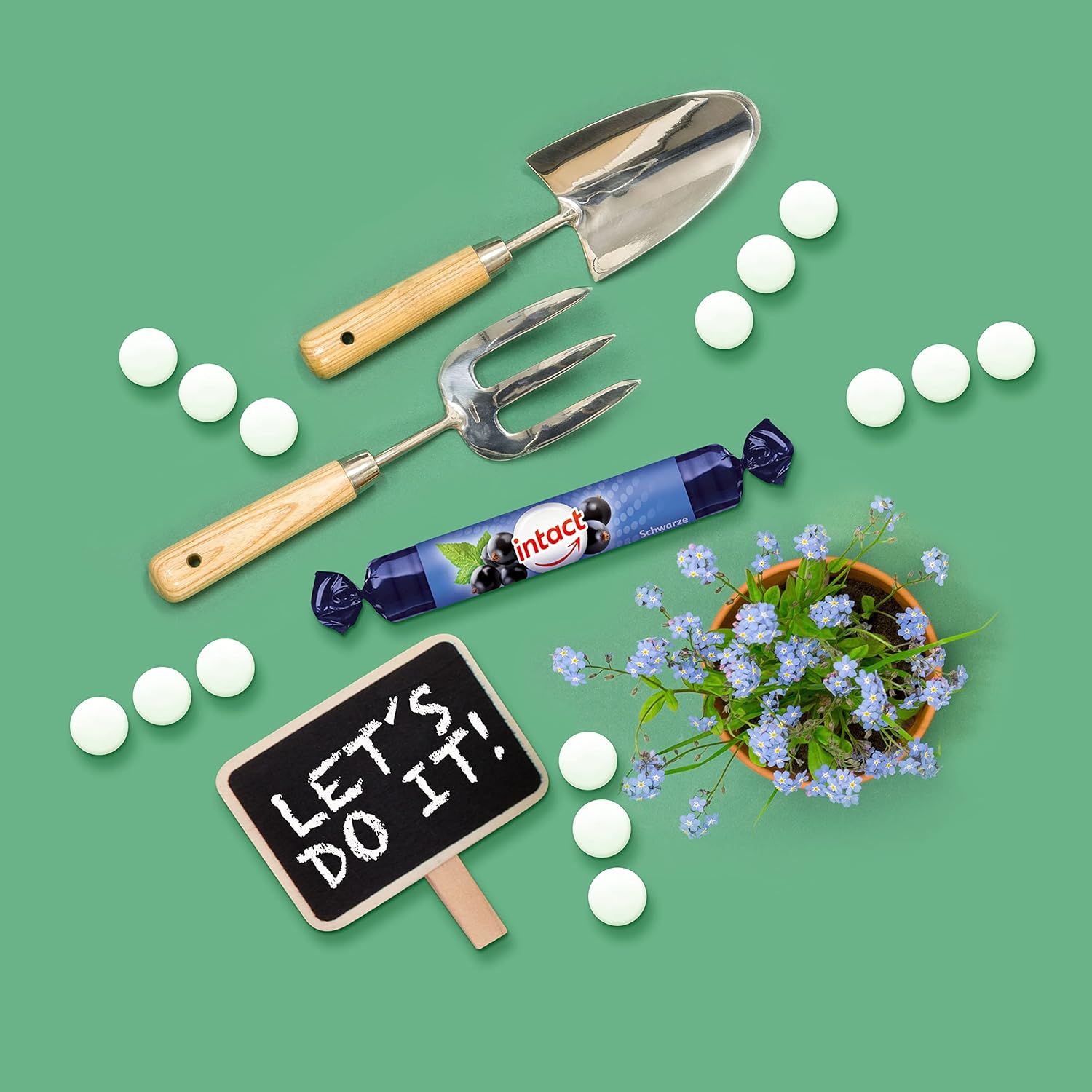 Eine Rolle, daneben Gartenwerkzeuge, Tabletten und Blumen. Text: Let's do it!