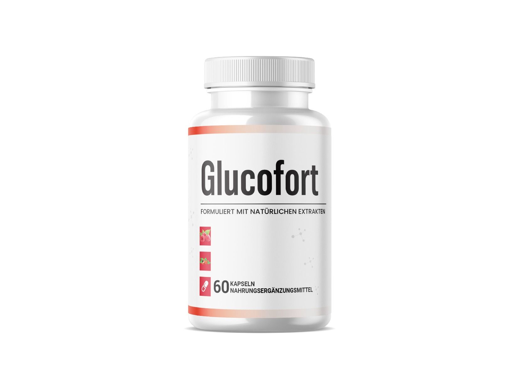 Weiße Flasche mit Glucofort-Etikett. Enthält 60 Kapseln. Aufschrift: Formuliert mit natürlichen Extrakten.