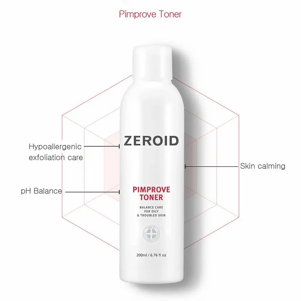 Weiße Flasche ZEROID Pimprove Toner mit Text und Diagramm. Text: Balance Care für ölige und Problemhaut. 200ml/6.76 fl oz.