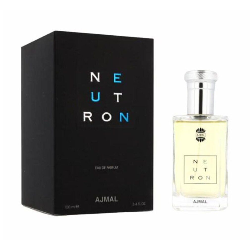Neutron Eau de Parfum mit schwarzer Verpackung. Flasche und Verpackung. Aufschrift: NEUTRON, AJMAL, Eau de Parfum.
