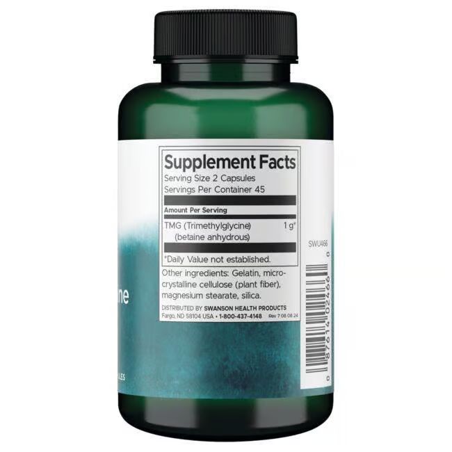 Rückseite einer grünen Flasche. Weißes Etikett mit Nährwertangaben. Enthält TMG (Trimethylglycin).