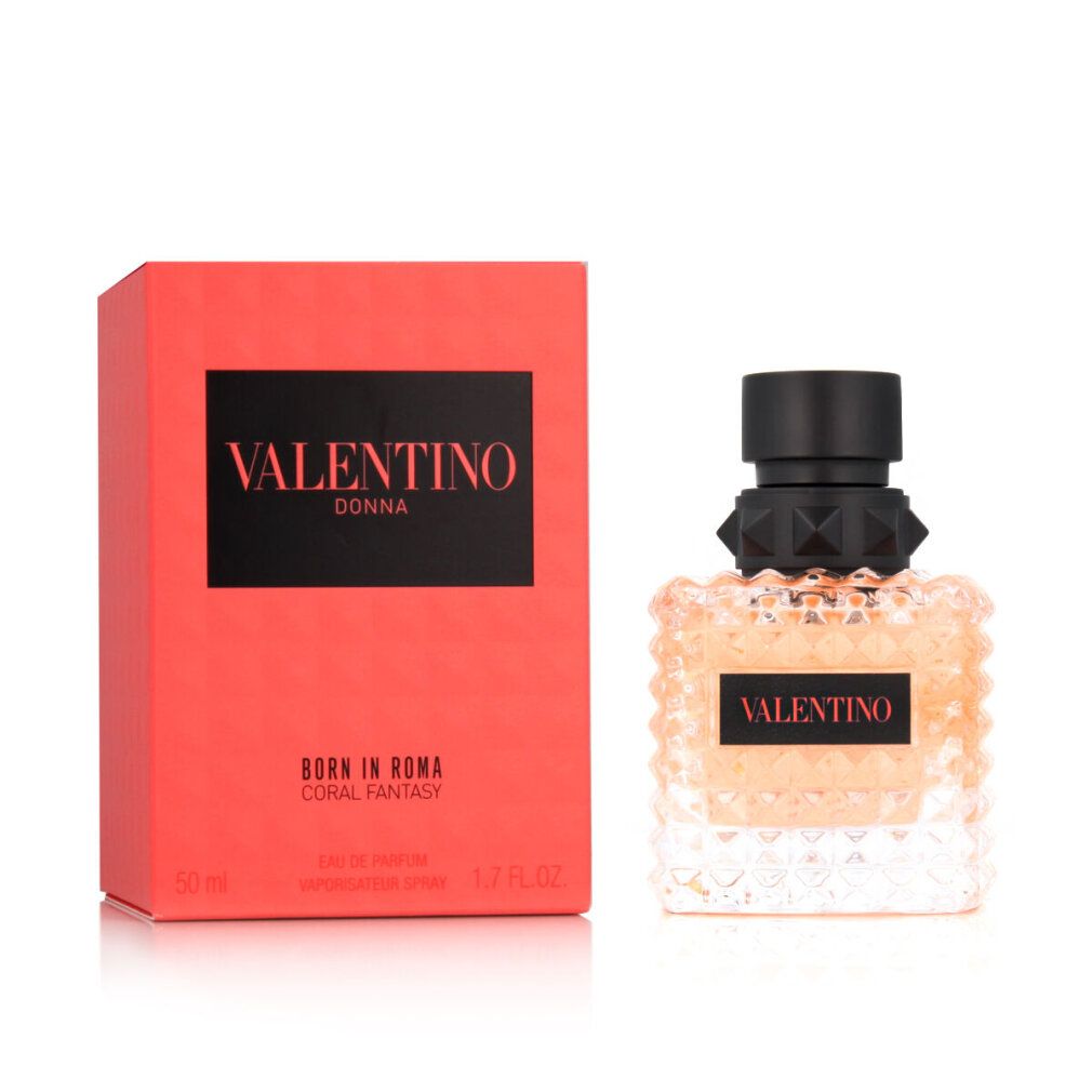 Valentino Born in Roma Coral Fantasy EDP. Flakon und Verpackung in Koralle und Schwarz. Quadratischer Flakon mit Noppenmuster.