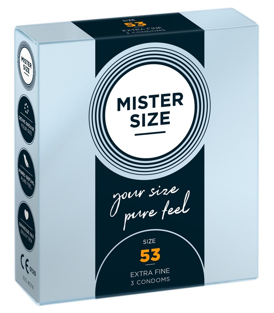Kondomverpackung. Aufschrift: MISTER SIZE, Größe 53, Pure Feel, 3 Kondome. Hellblau, weiß und dunkelblau.