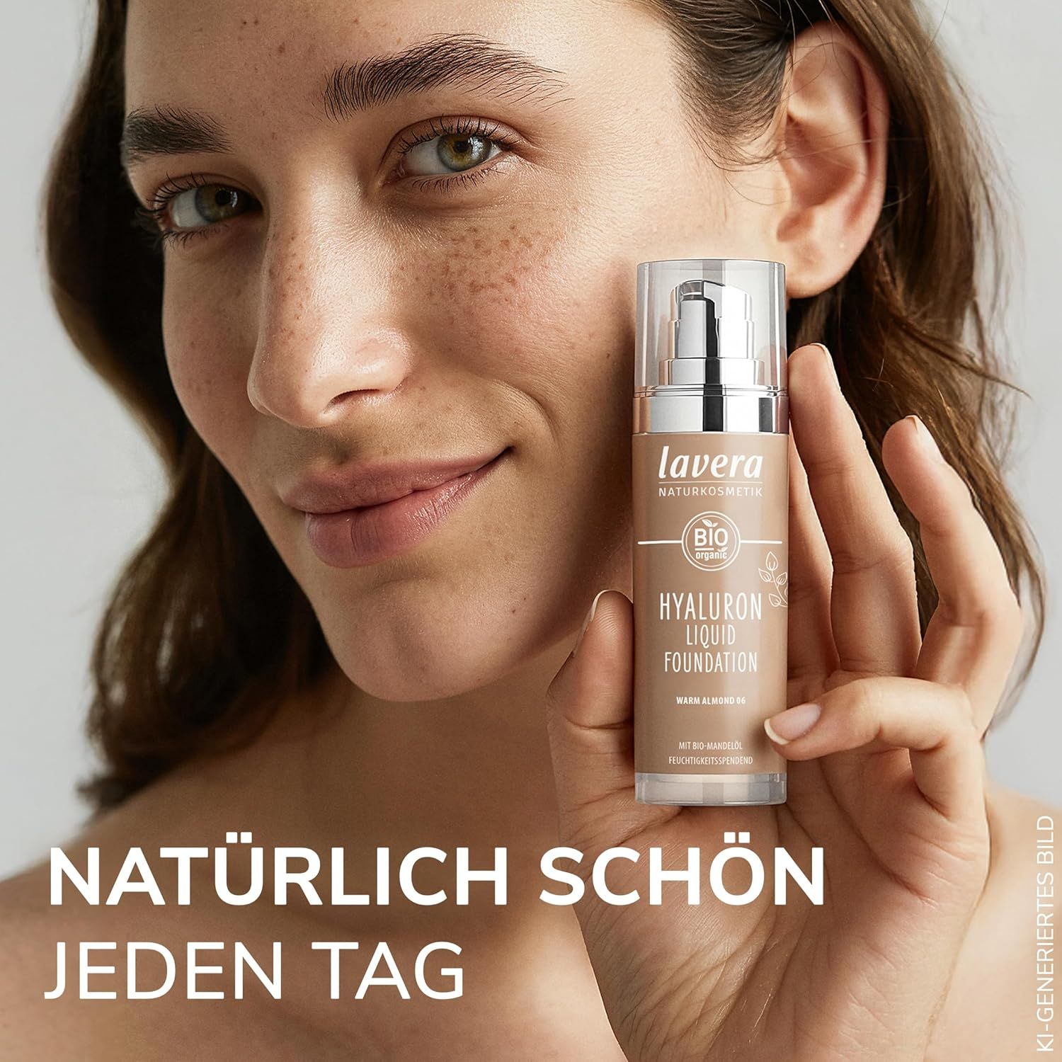 Frau hält eine Flasche Lavera Hyaluron Liquid Foundation. Aufschrift: Natürlich schön jeden Tag. Produkt im Fokus.