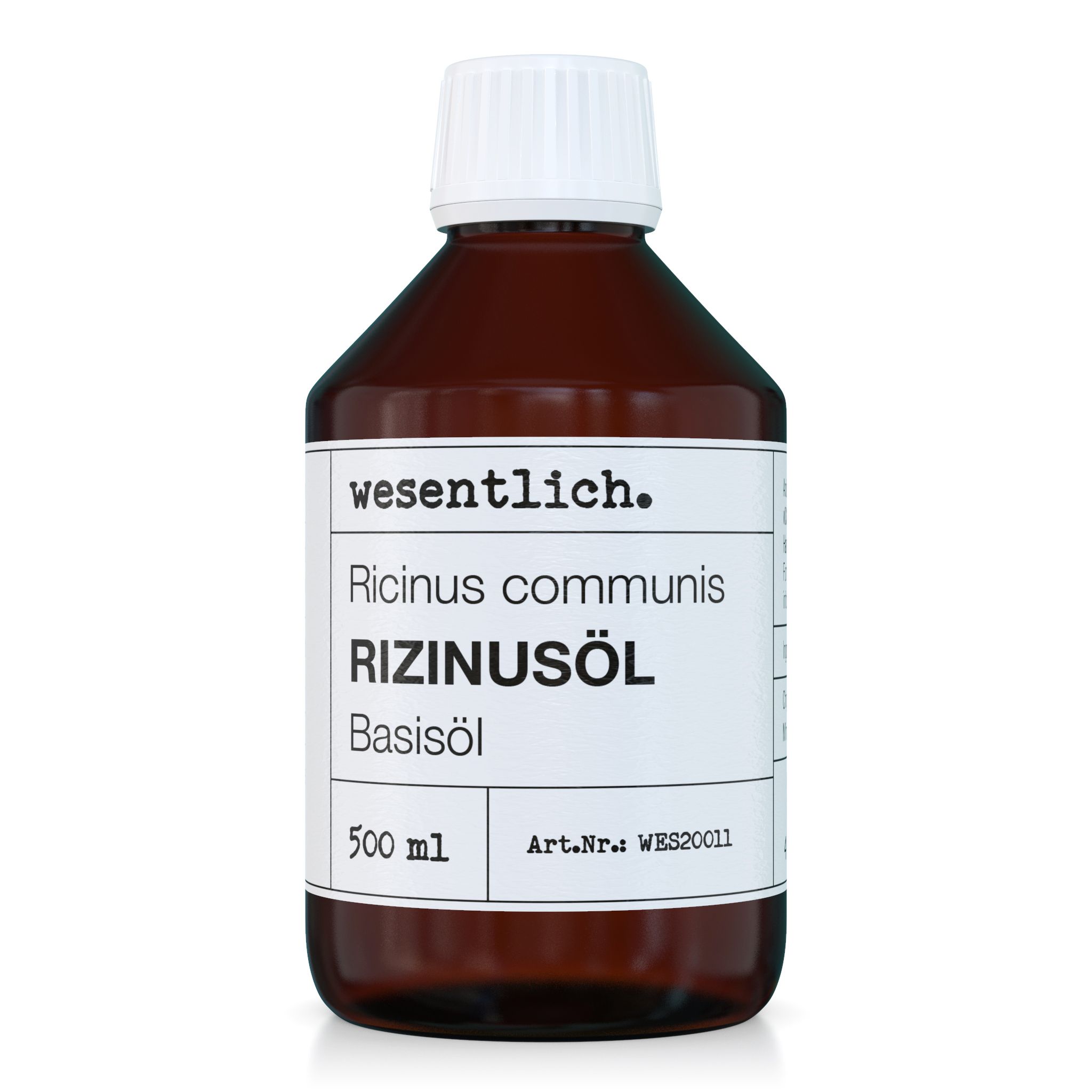Braune Glasflasche mit weißem Deckel und Etikett. Aufschrift: Rizinusöl Basisöl von wesentlich. 500 ml.