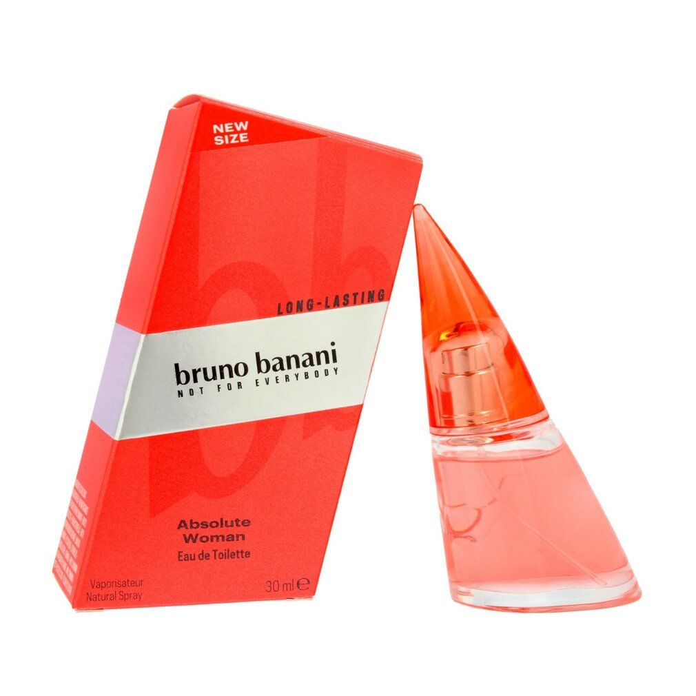 Rote Verpackung und Flakon von "Bruno Banani Absolute Woman". Flakon schräg, orangefarbener Verschluss. Verpackung mit Logo und Produktbezeichnung.