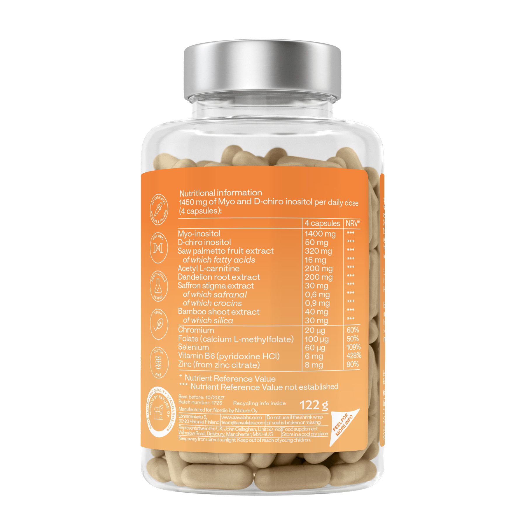 Rückseite der Flasche mit Nährwertangaben. Enthält Myo-Inositol, D-Chiro-Inositol und weitere Inhaltsstoffe.