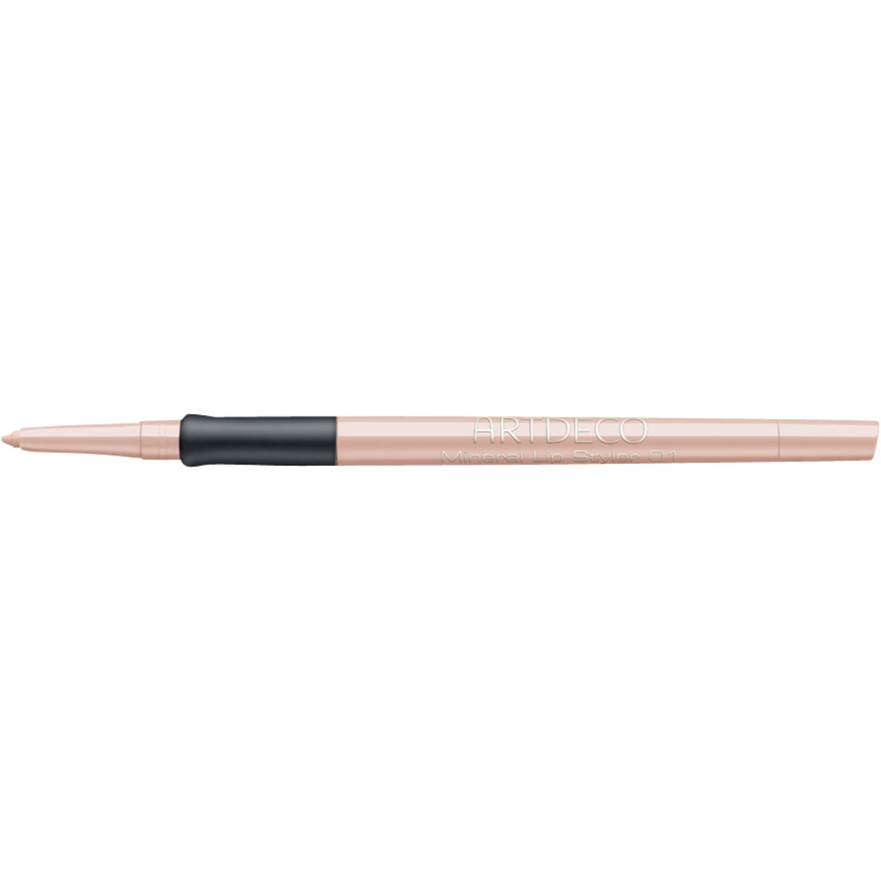Lippenstift-Styler. Rosa-farbener Stift mit schwarzem Mittelteil. Spitze und Stiftende sichtbar. Schriftzug.