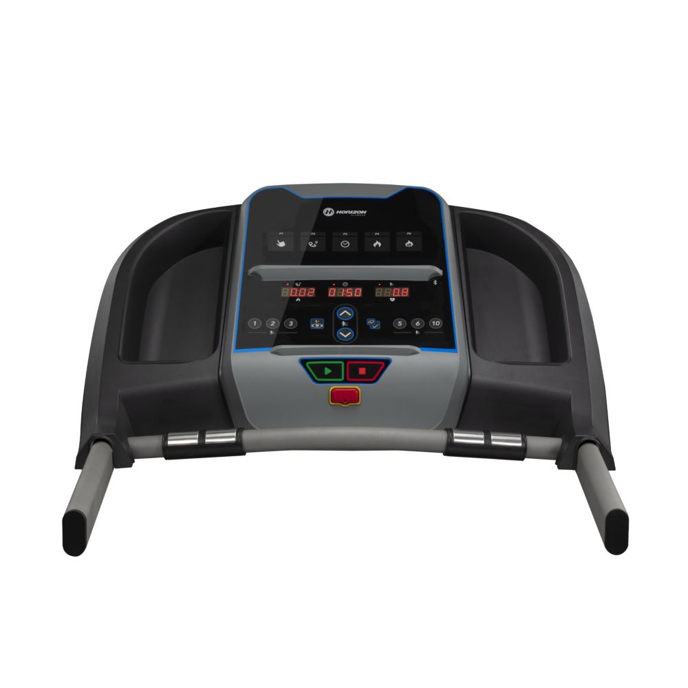 Laufband mit Bedienfeld, Handläufen und Display. Graue und schwarze Elemente. Horizon Fitness Logo.