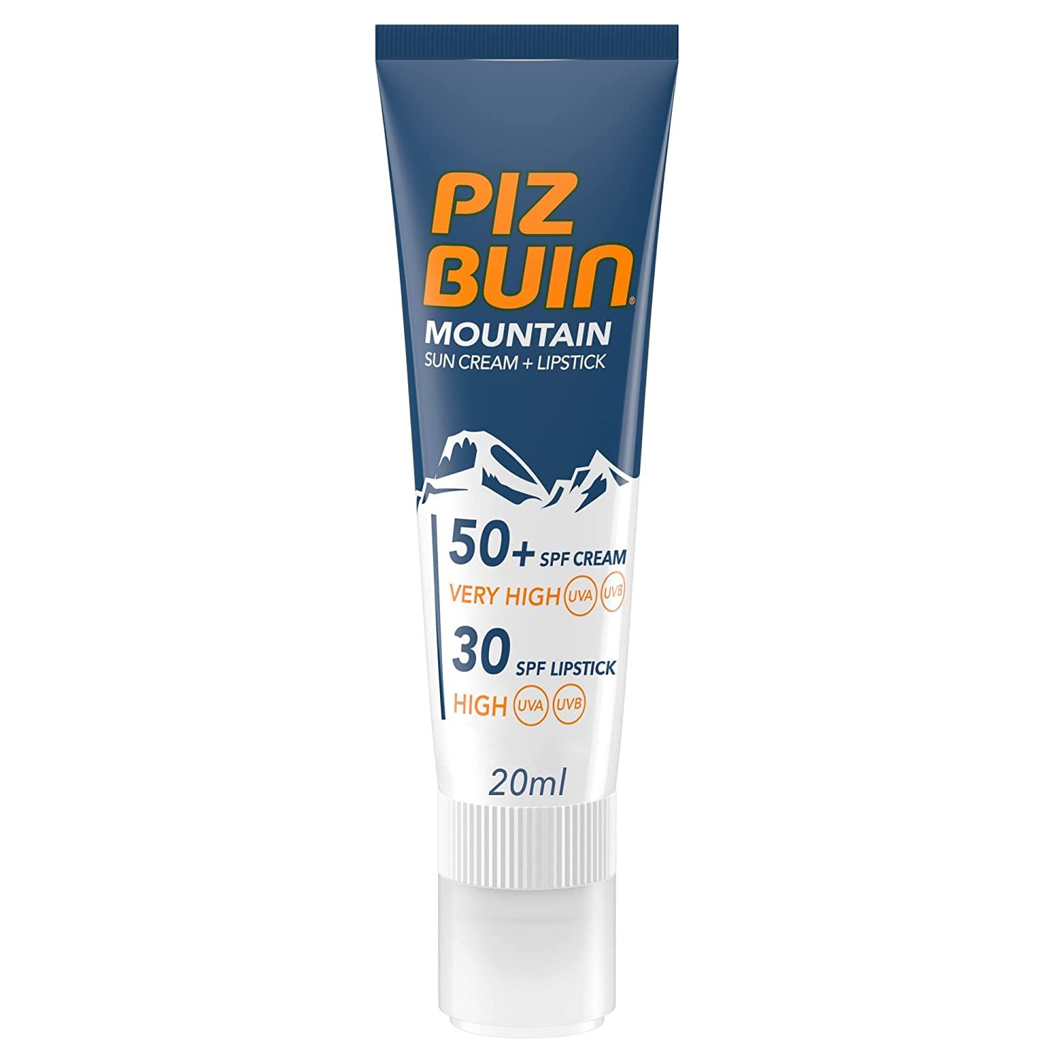 Blaue Tube mit Sonnencreme und Lippenpflege. Text: Piz Buin Mountain, LSF 50+, 20ml.