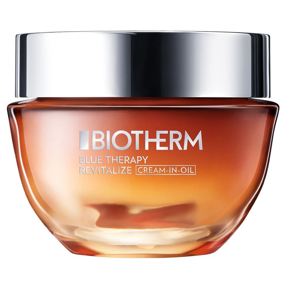Glasbehälter mit silbernem Deckel. BIOTHERM Blue Therapy Revitalize Cream-In-Oil. Creme-in-Öl.