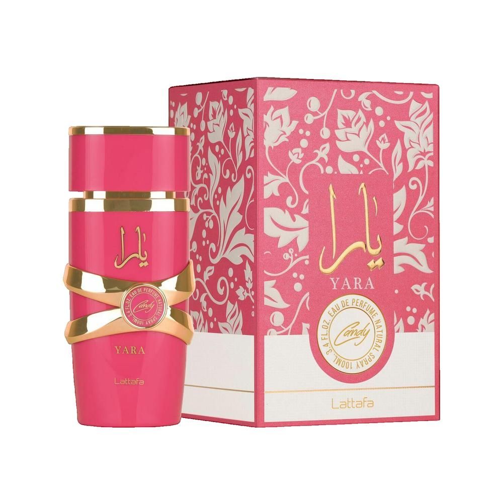 Rosa Flakon und Verpackung. Goldene Akzente. Aufschrift "Yara" und arabische Schriftzeichen. Lattafa-Logo. Eau de Parfum.