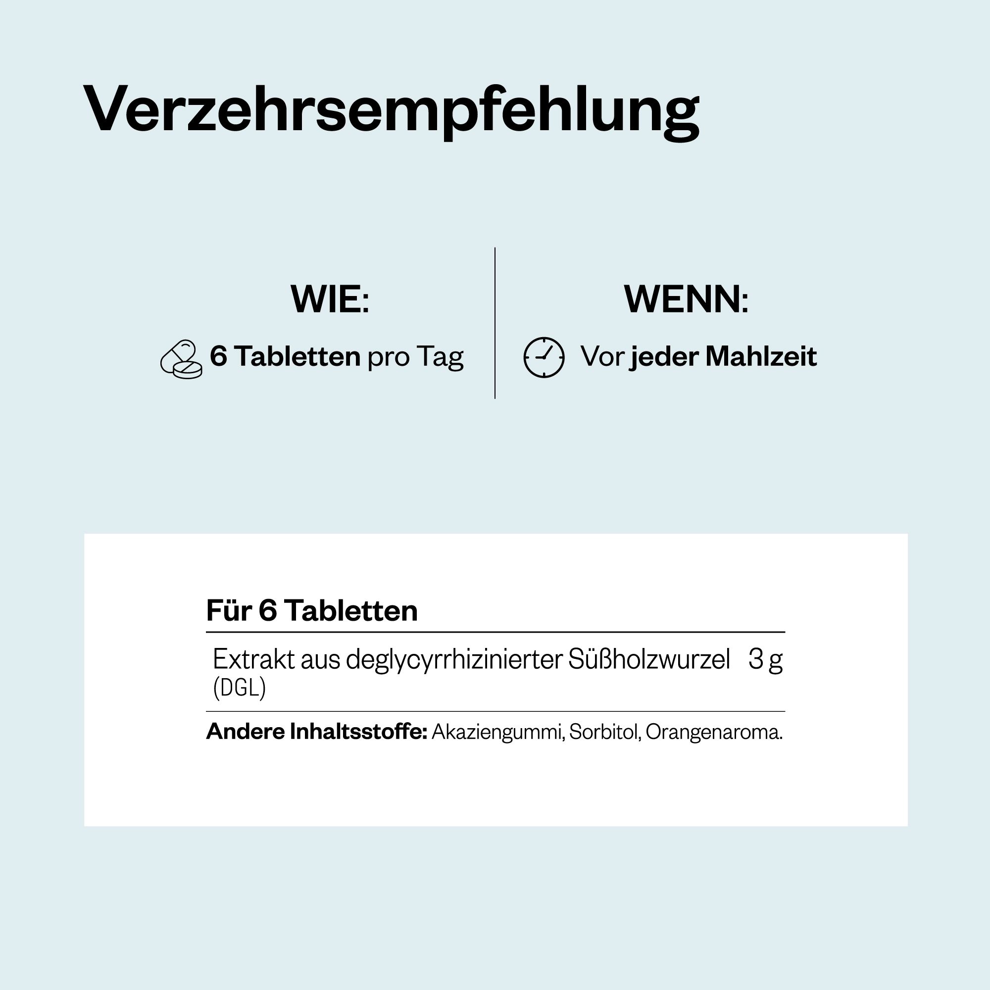 Verzehrsempfehlung: 6 Tabletten pro Tag, vor jeder Mahlzeit. Enthält Extrakt aus degycyrrhizinierter Süßholzwurzel. Weitere Inhaltsstoffe.