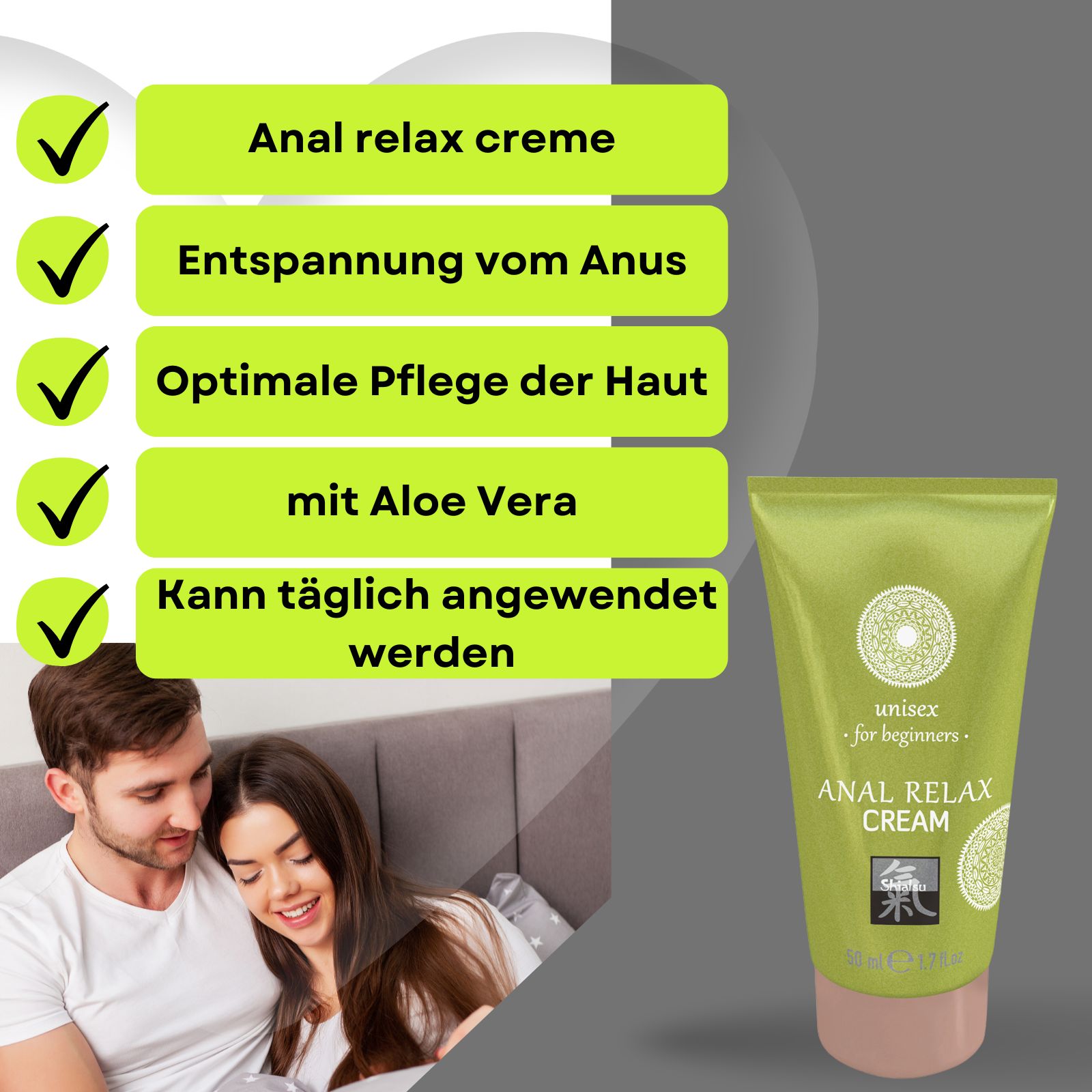 Grüne Tube und Schachtel. ANAL RELAX CREAM. Paar. Text mit Aloe Vera. 50 ml. Logo.