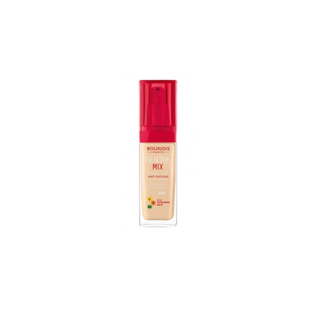 Make-up-Fläschchen mit rotem Deckel. Aufschrift: Healthy Mix, Anti-Fatigue. Enthält Vitamine. Produkt auf weißem Hintergrund.