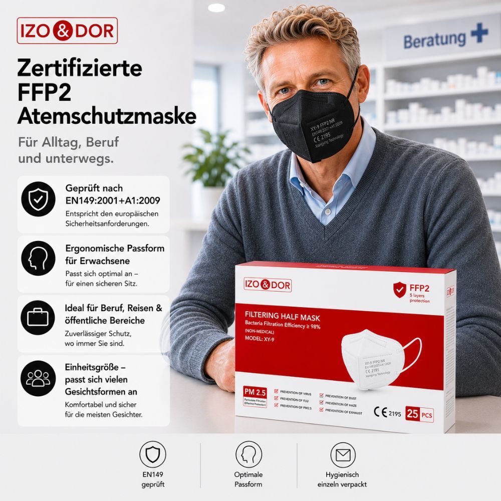 Mann trägt schwarze FFP2 Maske. Verpackung zeigt 5-lagigen Schutz, CE-Zertifizierung.
