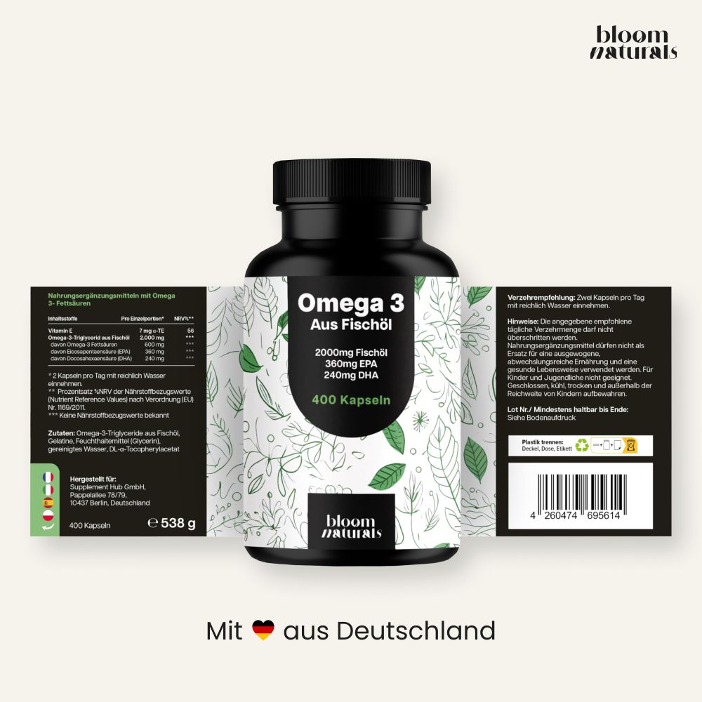 Dose Omega 3 Fischöl mit geöffnetem Etikett, das Inhaltsstoffe und Anwendung zeigt. "Mit aus Deutschland".