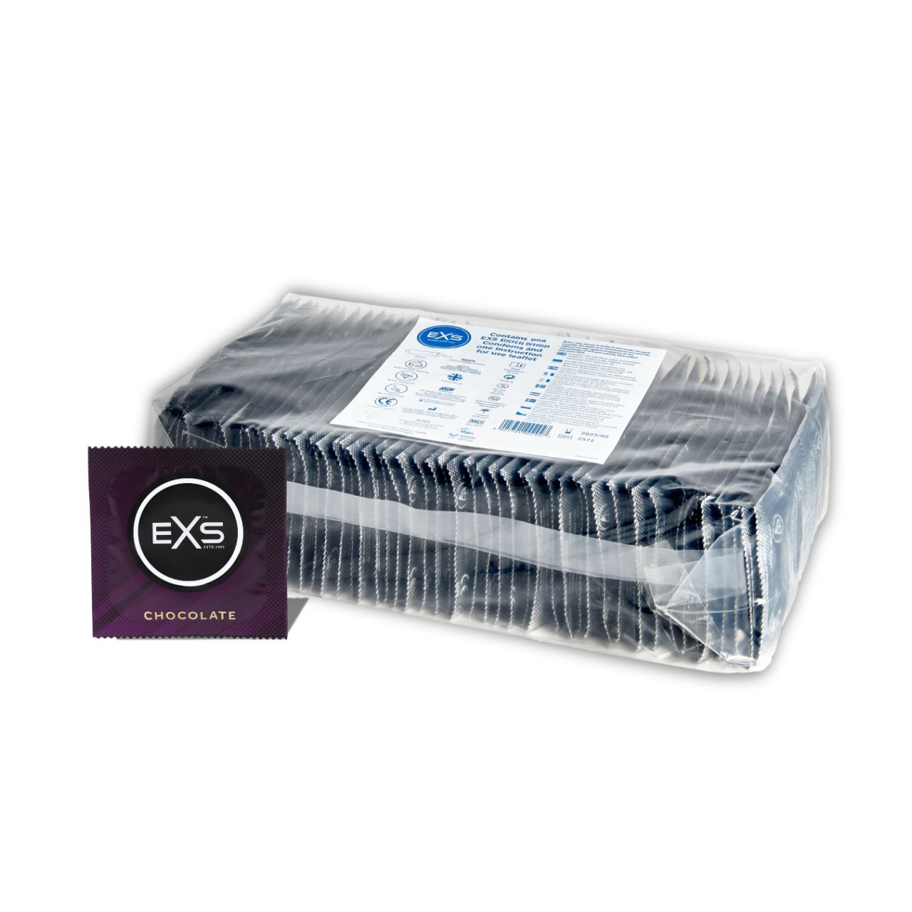 Großpackung mit vielen einzeln verpackten EXS Schokoladenkondomen.