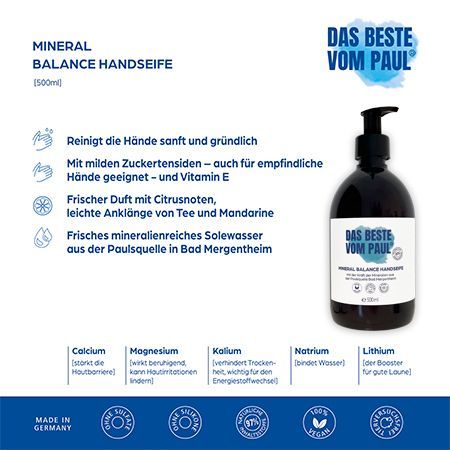 Produktabbildung mit Text. Handseife-Spender neben Text. Text: Reinigt die Hände sanft und gründlich, mit milden Zuckertensiden, frischer Duft, etc.