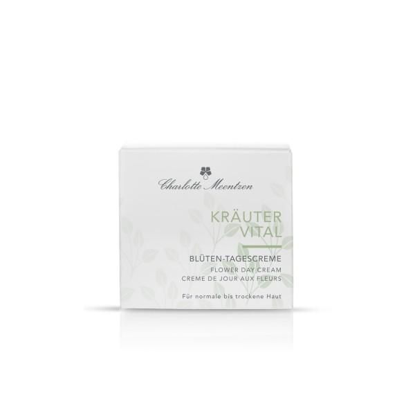 Charlotte Meentzen Kräuter Vital Blüten-Tagescreme Verpackung mit Pflanzenmotiv.